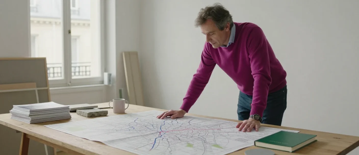 Un expert analyse des plans urbains, symbolisant l'approche multidisciplinaire de la vie du Grand Paris.