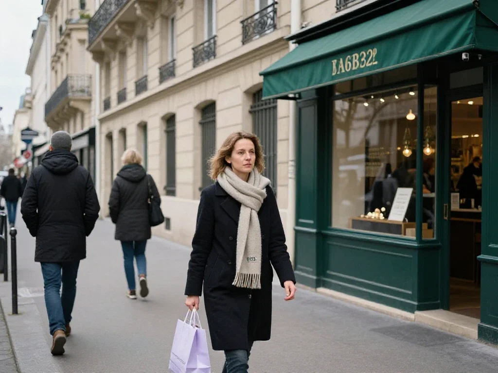 Rue animée du Grand Paris avec des passants devant des façades en pierre calcaire.